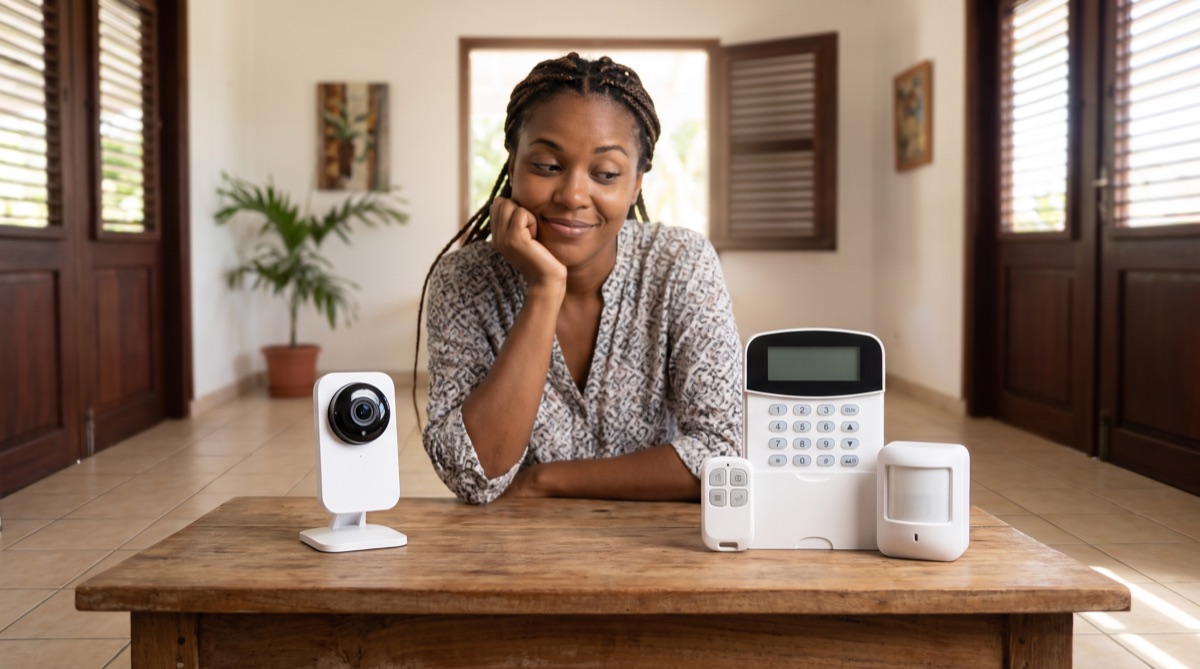 Comparatif sur une table : caméra wifi d’un côté, clavier d’alarme avec détecteur et télécommande de l’autre, dans un salon en Martinique