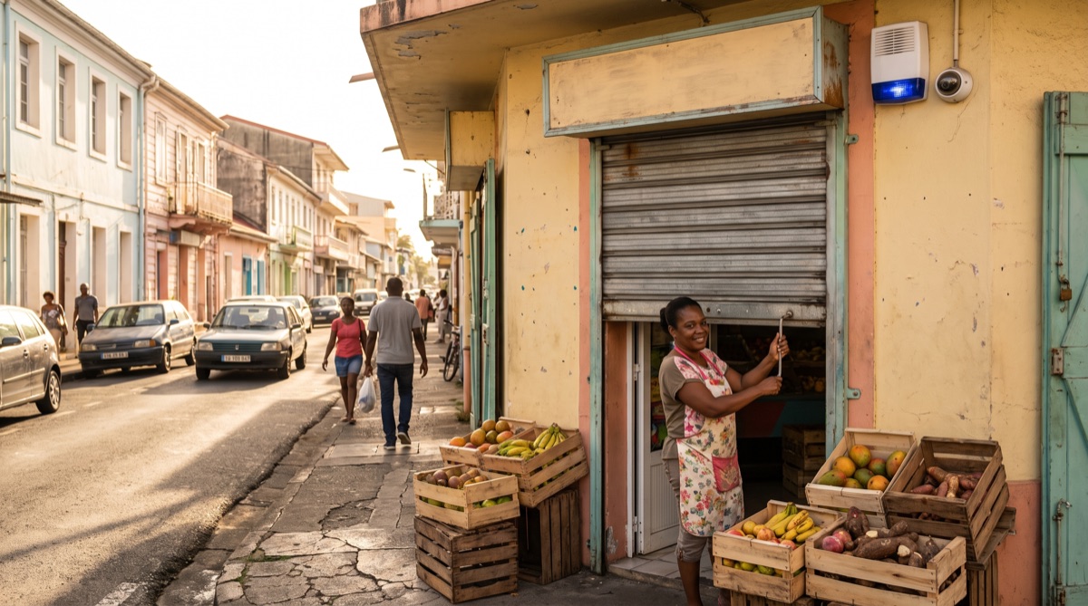 Commerçante baissant le rideau métallique de son épicerie à Fort-de-France, sirène d’alarme et caméra installées sur la façade