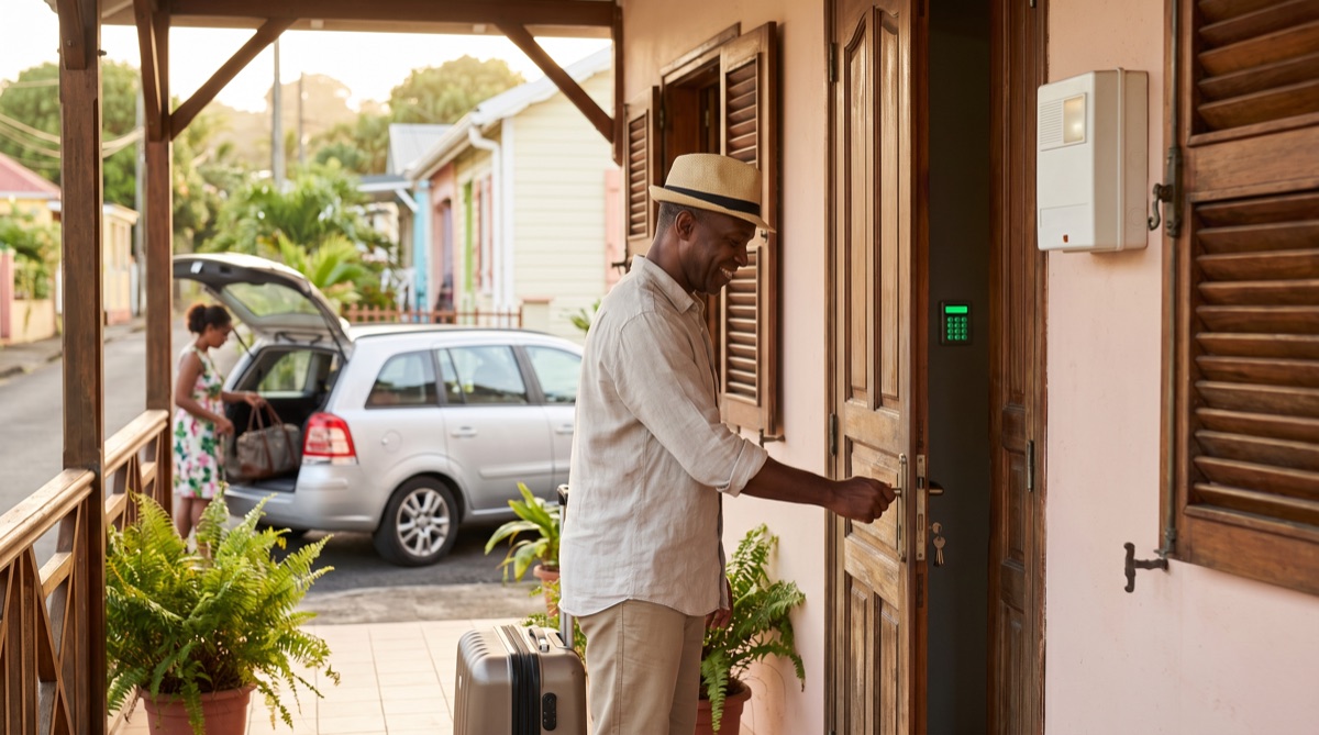 Homme fermant à clé la porte de sa maison créole avant un départ en vacances, clavier d’alarme et sirène visibles
