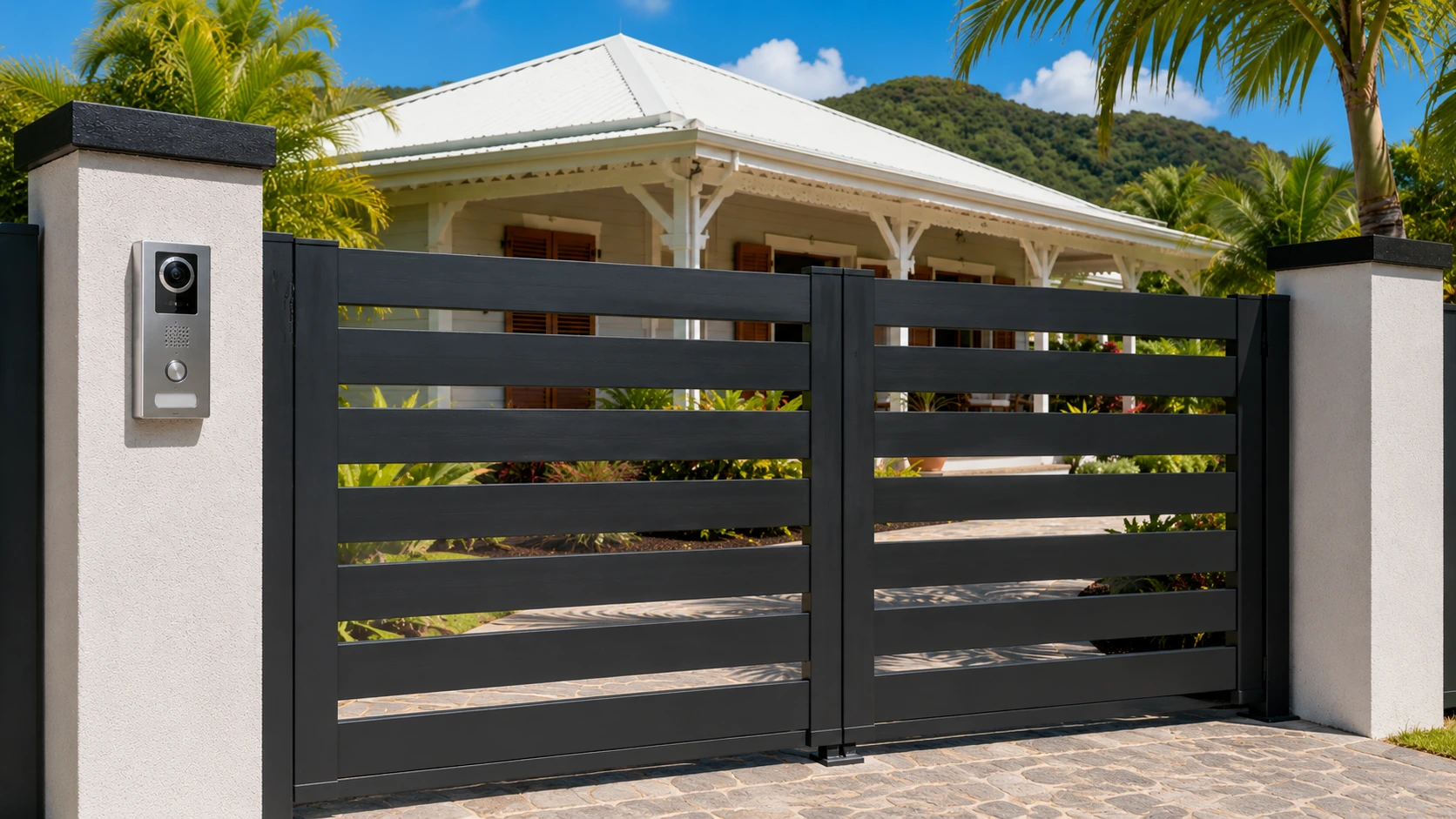 Visiophone connecté installé à l'entrée d'une maison en Martinique